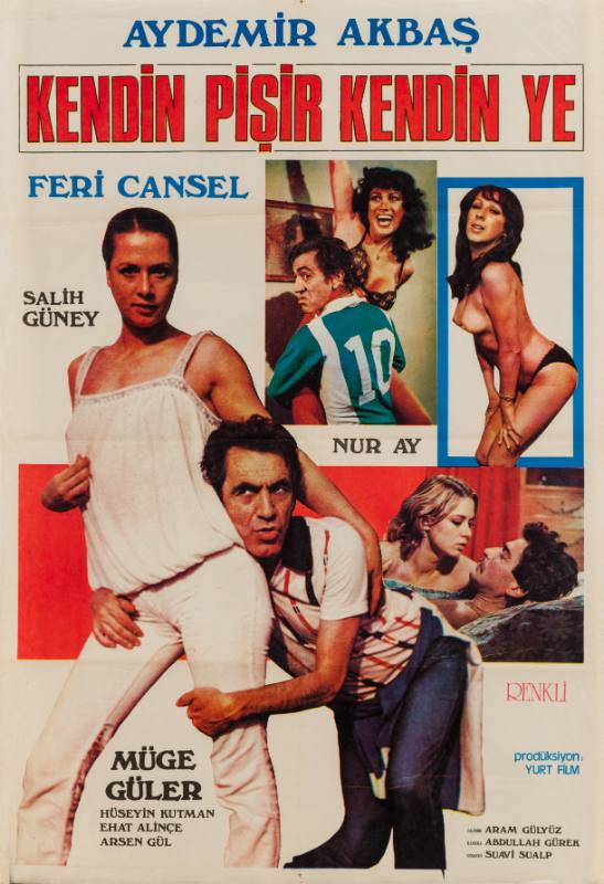 A poster of a man holding onto a woman's leg in front of two men holding women next to a nude woman.