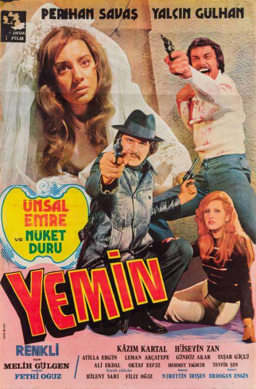 A poster of a man pointing a gun at the viewer in front of a woman, a bride, and a bloodied man with a gun.