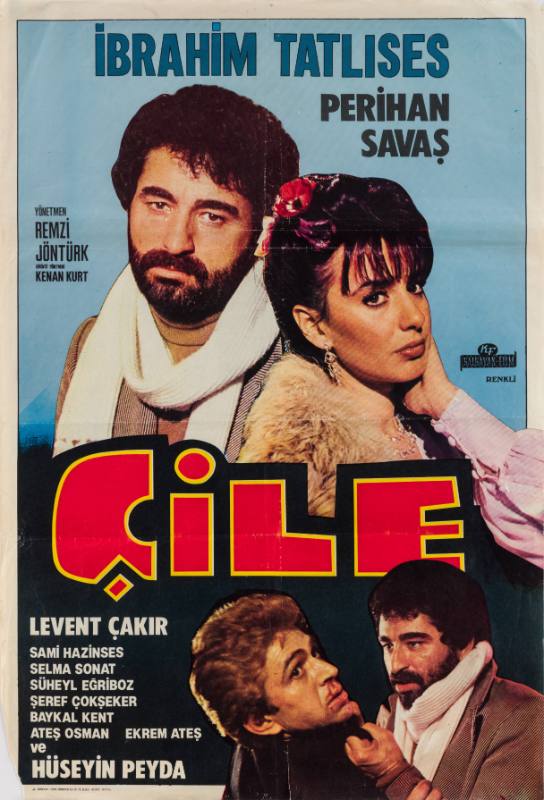 A poster of a man with a beard with a woman above the same man grabbing a person's shirt collar.