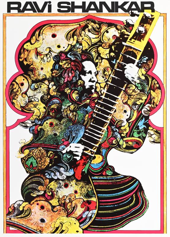 A poster of a psychedelic head made out of instruments and photographs of an Indian musician.