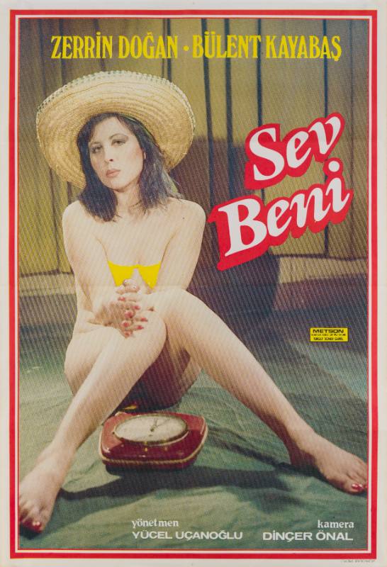 A poster of a woman in a large woven hat sitting on the floor with a clock under her legs.