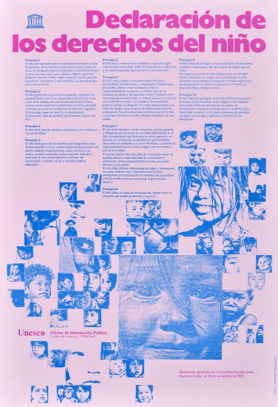 A poster featuring repeated photographs of children in blue ink on a pink background.