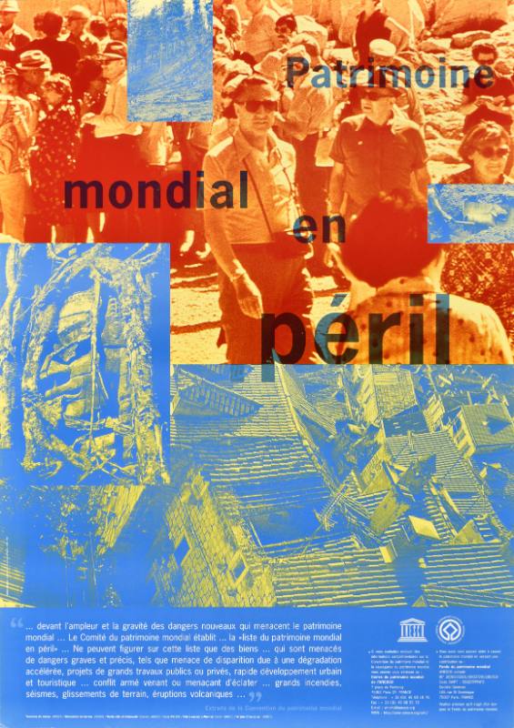 A poster of photographs printed in red and blue of crowds and a collapsed roof