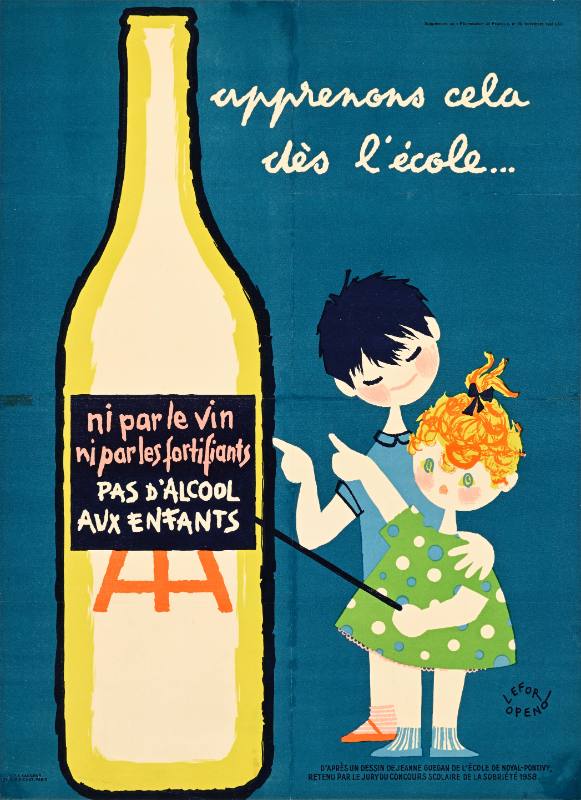 A poster of two children pointing to an easel made out of a wine bottle.