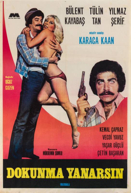A poster of a man smiling holding a mostly nude blonde woman in front of a man holding a gun.