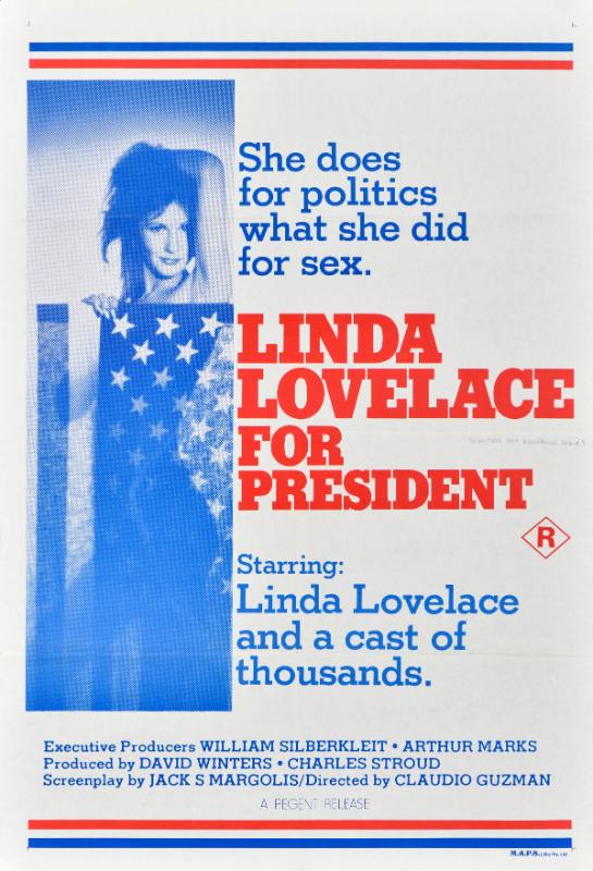 A poster of a woman dressed in an American flag on a red, white, and blue background.
