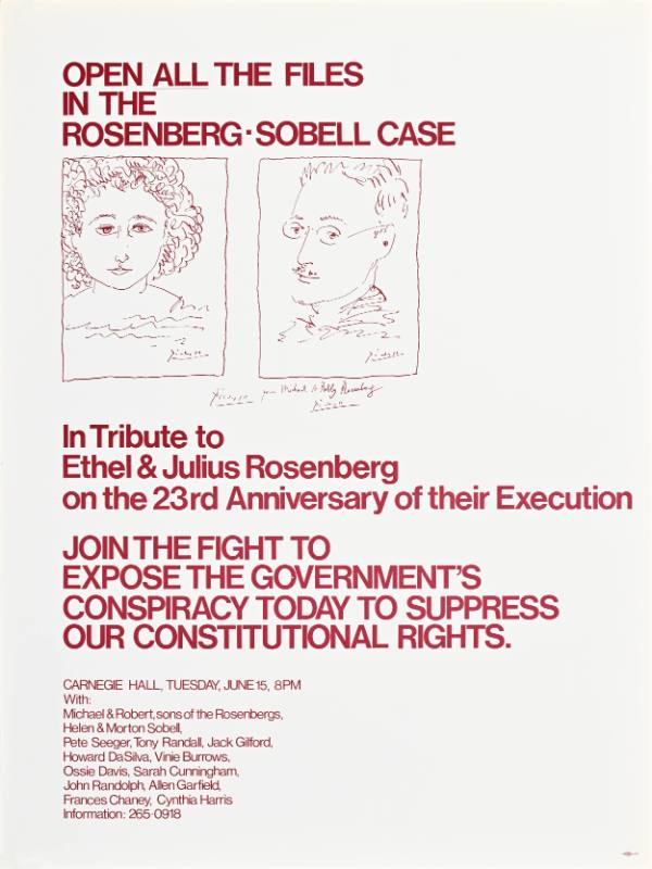 A poster with two drawings of a man and a woman in red ink on a white background.