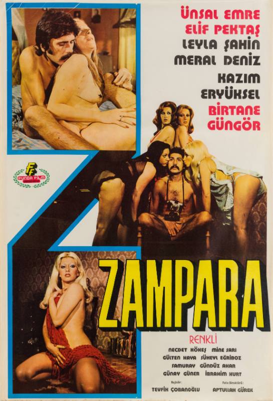 A poster of a nude man with a camera with four women next to a nude couple and woman with a blanket.