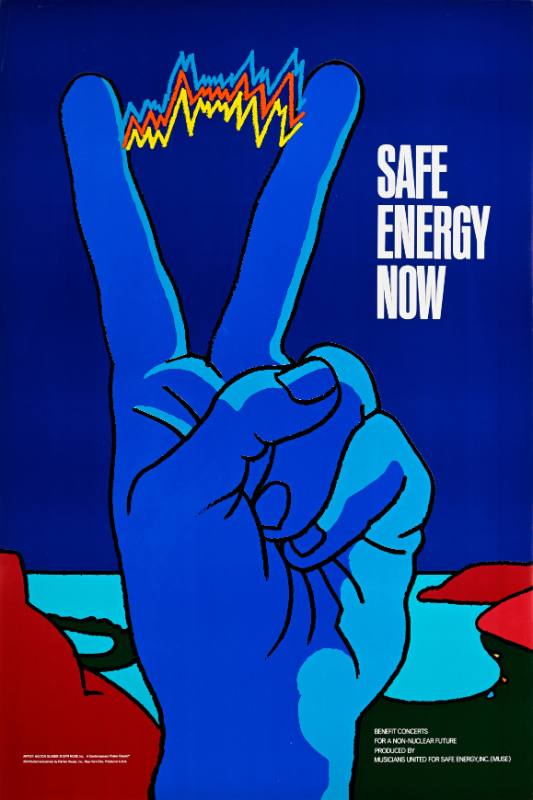 A poster of a hand making a peace sign with electricity charging between the two fingers.
