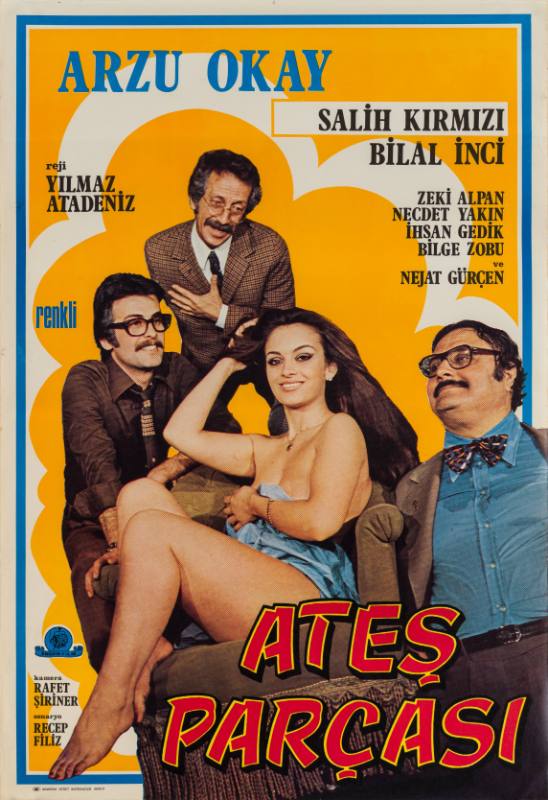 A poster of a woman covering herself with a blue cloth on a chair between three men with glasses.