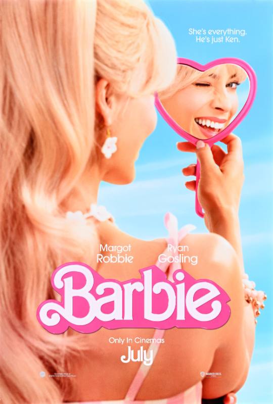 A poster of a white woman smiling into a heart shaped mirror.