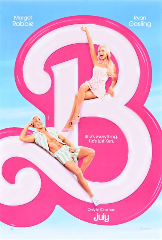 A poster of a white man and woman lounging on a big cartoon B.