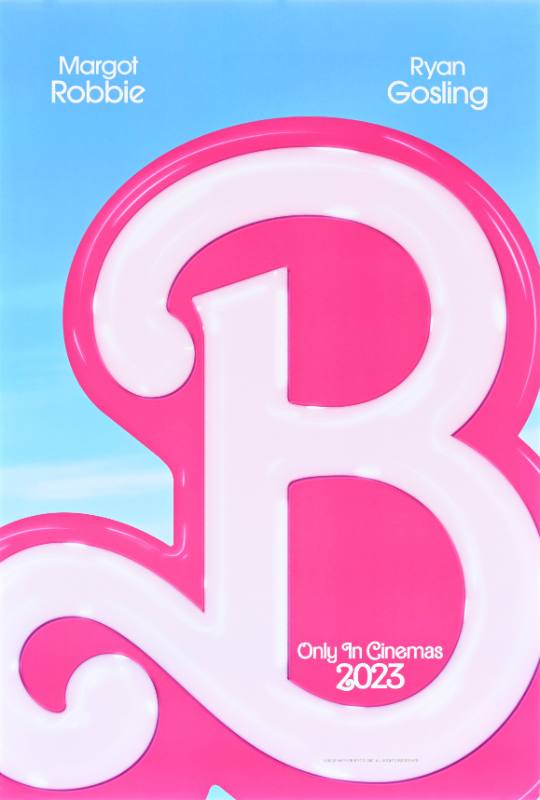 A poster of a large pink B on a light blue background.