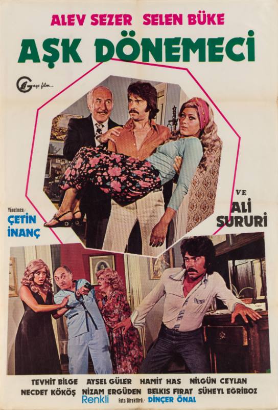 A poster of a man carrying a woman by an older man above two women grabbing a man aiming a gun at a man.
