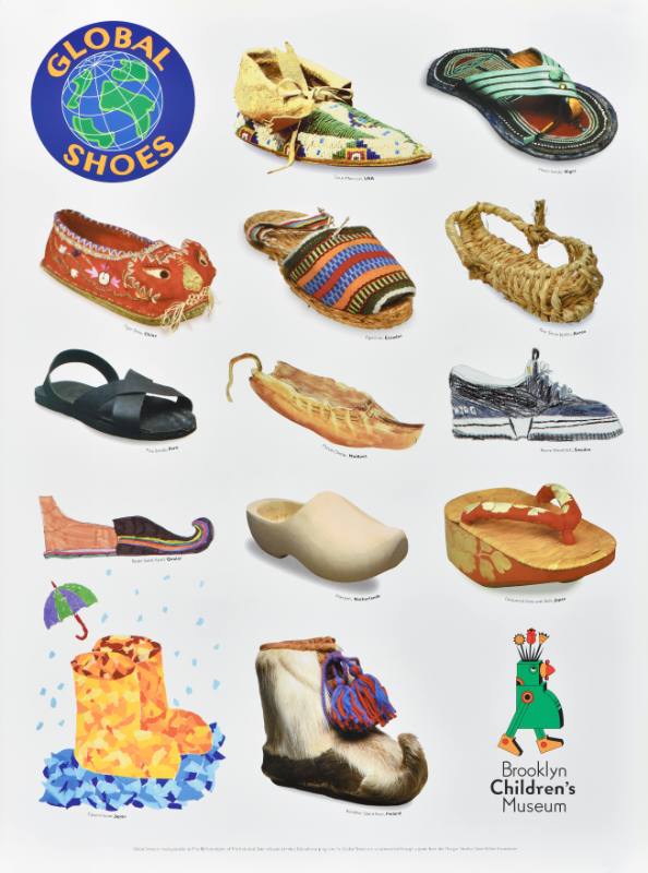 A poster of different kinds of shoes arranged in a grid on a white background.