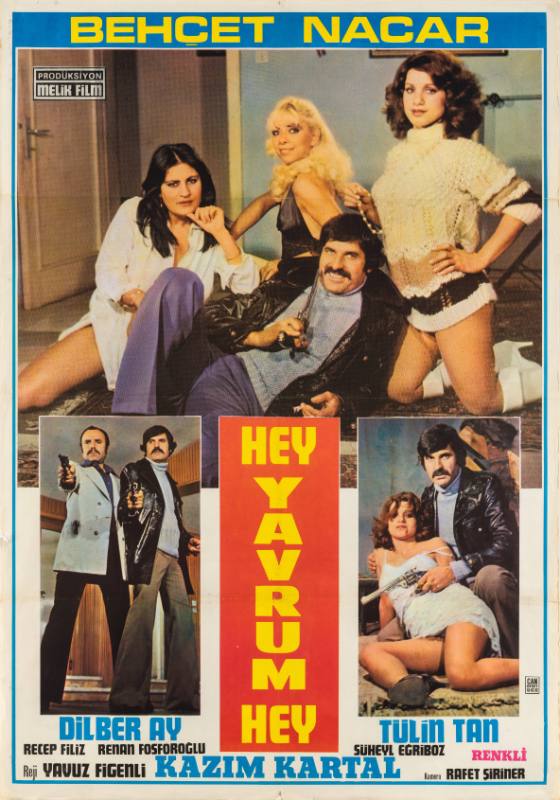 A poster of a man with a gun in a jacket between 3 women, holding a woman, and standing with a man.