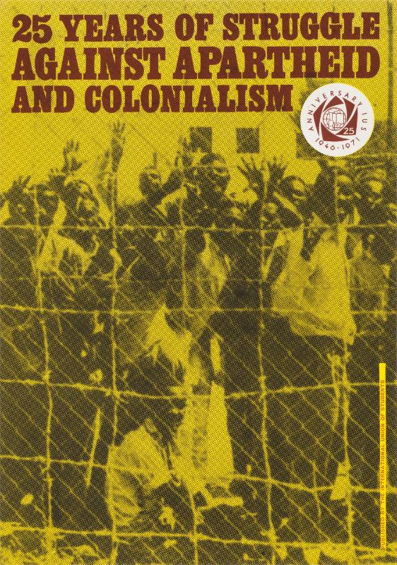 A poster of a large crowd yelling behind a chainlink fence and barbed wire in front of a building.