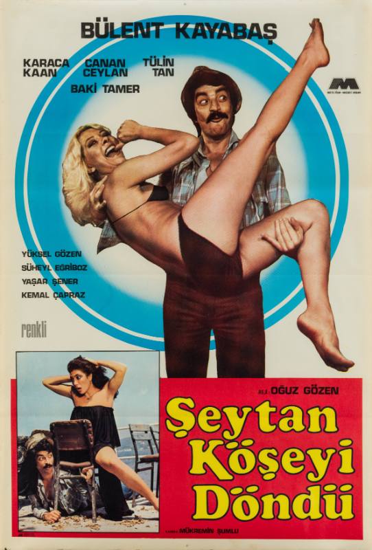 A poster of a man smiling holding censored nude blonde woman above a woman on a chair with a man.