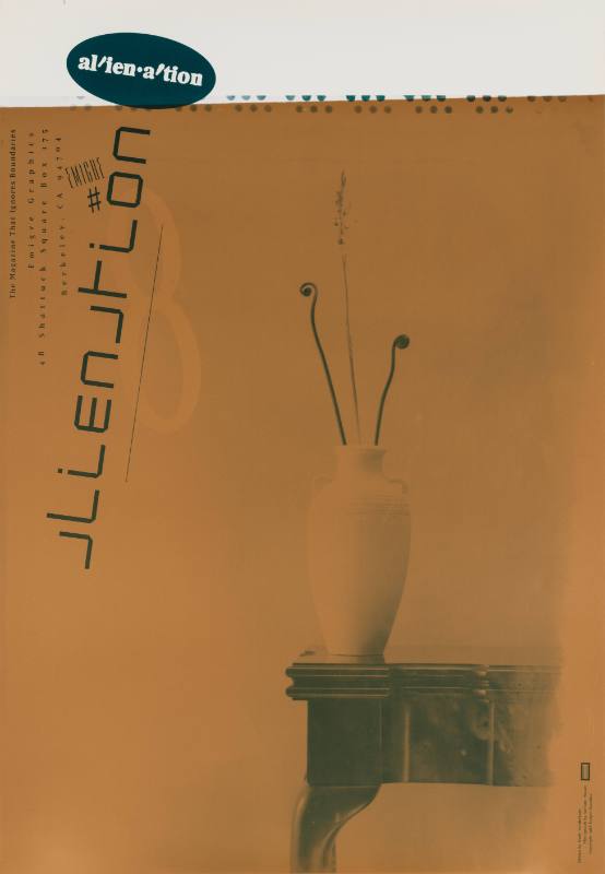 A poster of a white vase on a dark table with two small sticks with curls and a thin stem of flowers.