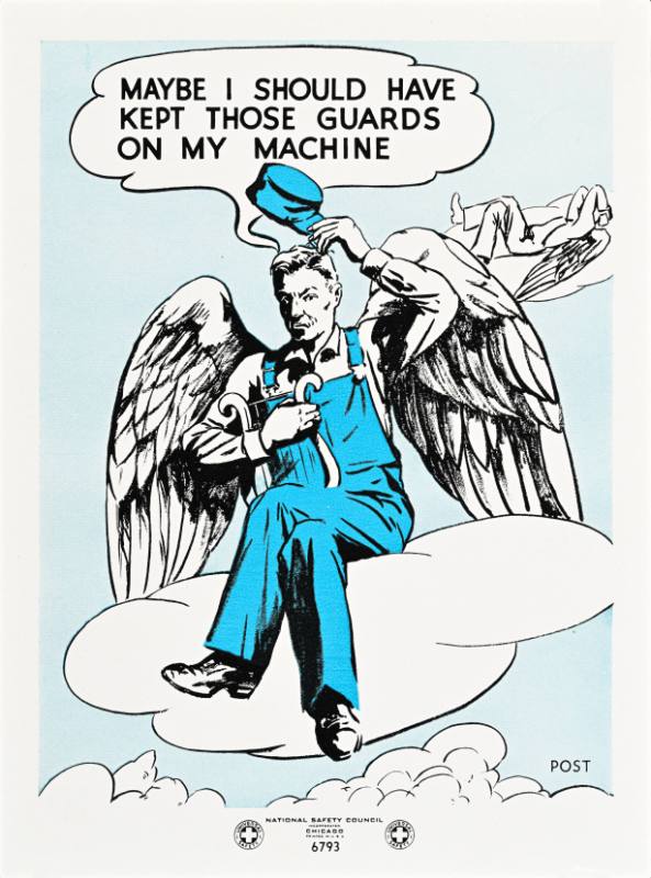 An illustrational poster of a man in coveralls with angel's wings sitting on a cloud scratching his head.