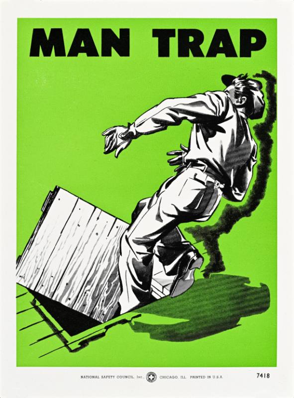 A poster featuring a black and white picture of a man falling through a trapdoor.