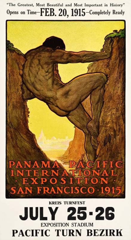 A poster of a nude man pressed between two cliff-faces in a valley.