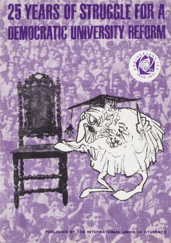 A poster of a drawing of an older professor leaning on a chair in front of a large crowd.