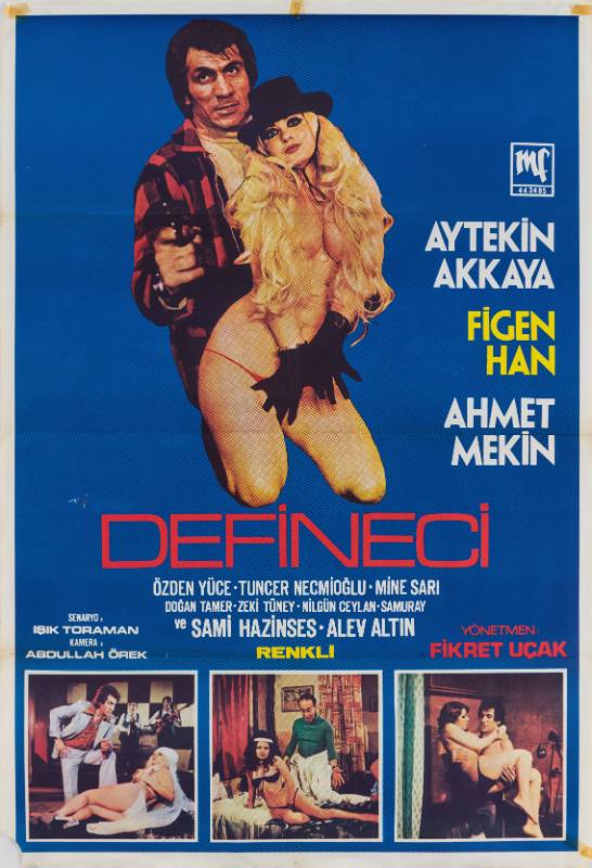 A poster of a man aiming a gun at the viewer and holding a blonde nude woman above images of couples.