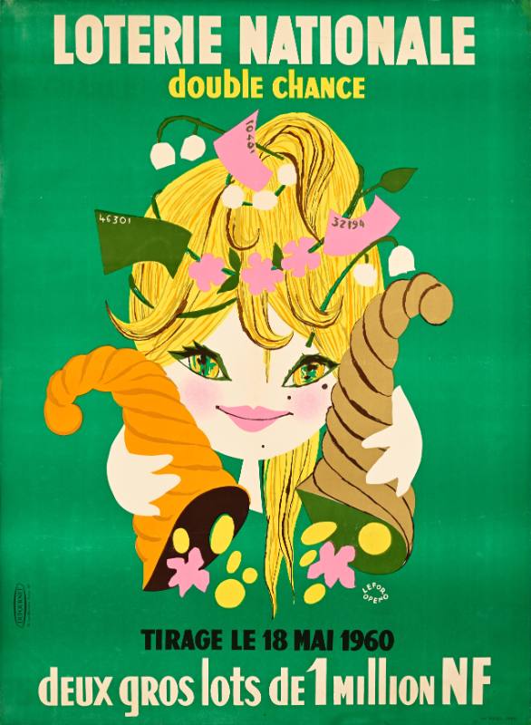 A poster of a cartoon woman with full cornucopias on a green background.