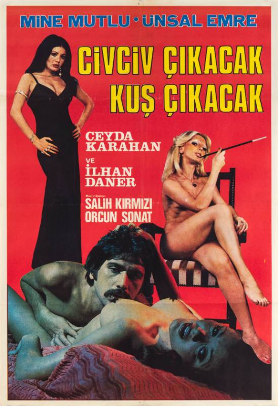 A poster of a woman in a black dress next to a nude couple in bed and a nude woman in a chair smoking. Image