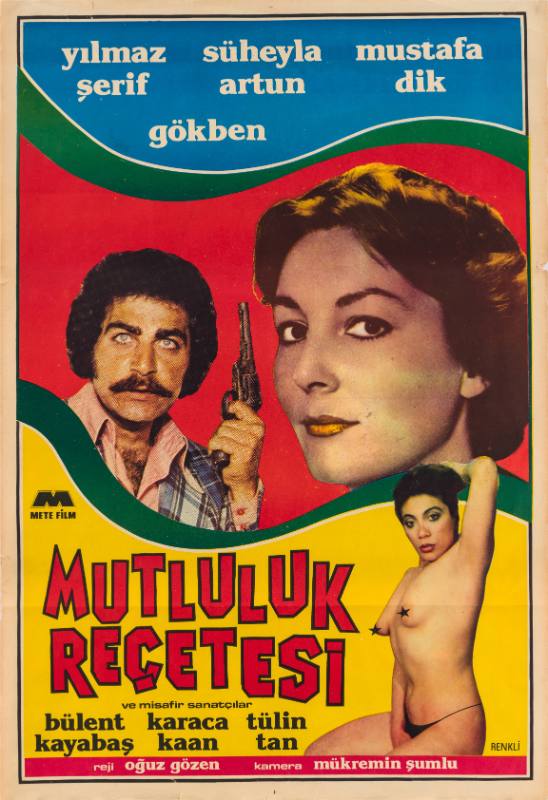 A poster of a woman's face next to a blue eyed man raising a gun and above a censored nude woman.