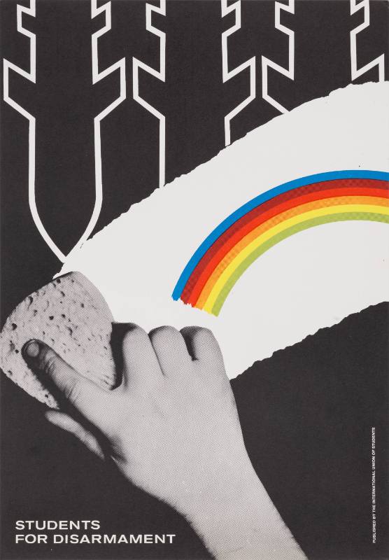 A poster of a young hand holding a sponge wiping away missiles revealing a rainbow above text.