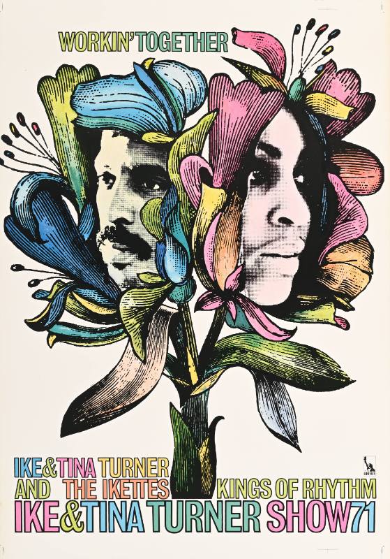 A poster of a Black man and woman's faces inside of two psychedelic flowers.