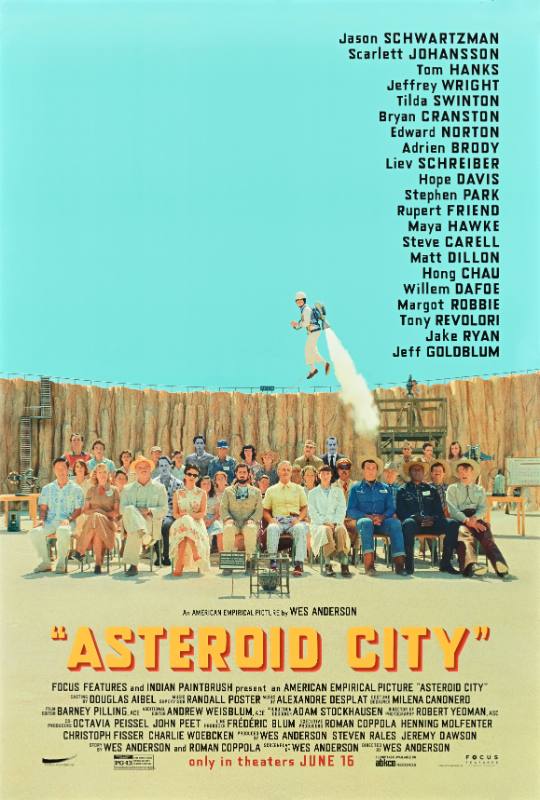 A poster of a group of people in chairs below a man with a jetpack.