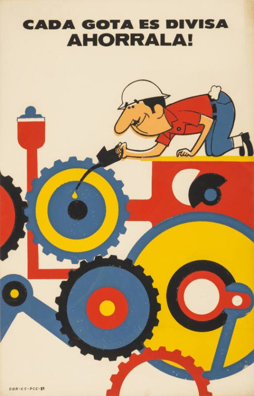 A poster of a man in a hard hat dripping oil on large cogs in a machine.
