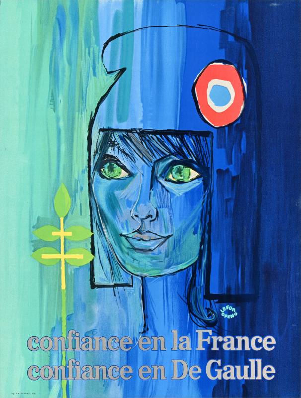 A poster of a woman in a Revolutionary cap on a blue background.