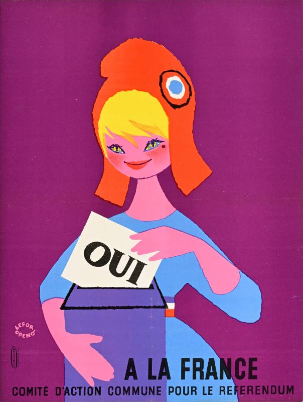 A poster of a cartoon woman in a revolutionary cap.