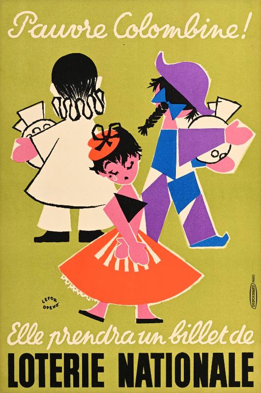 A poster of a cartoon woman in a dress next to two clowns on a green background.