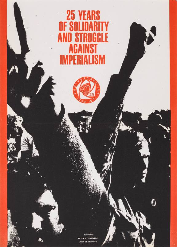 A poster of people in a crowd raising a fist and a peace sign.