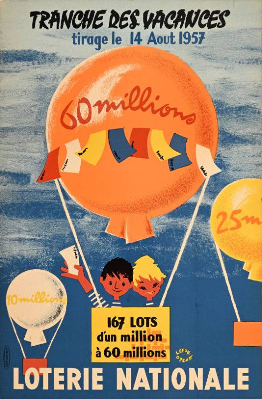 A poster of a cartoon man and woman inside a hot air balloon