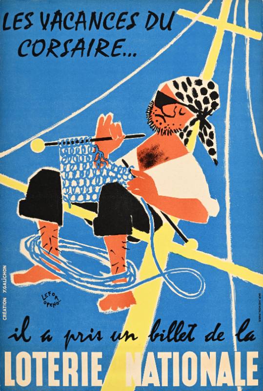 A poster of a cartoon sailor sitting on a ship's mast knitting