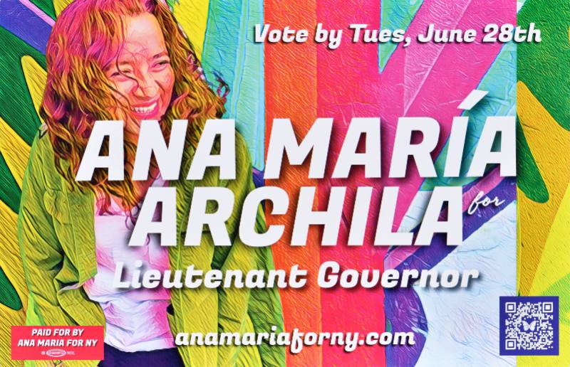 A poster of a woman with brown skin laughing on a multicolored background