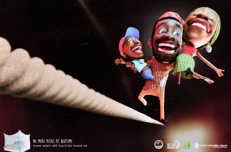 A poster of a Black family walking on a rope