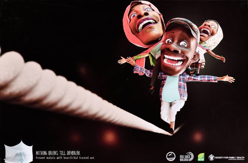A poster of a Black family walking on a rope