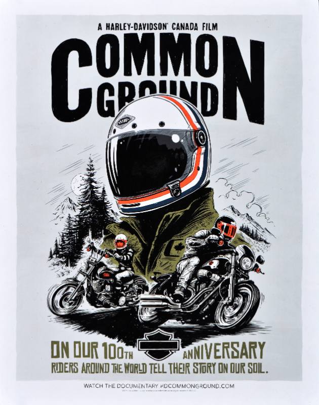 A poster of a motor cycle driver in a forest