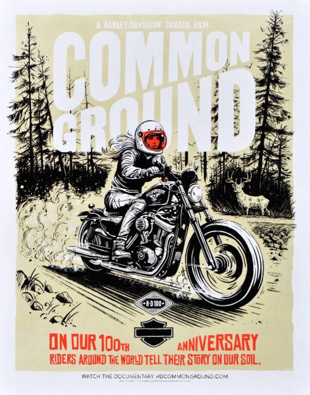 A poster of a woman riding a motor cycle in a forest
