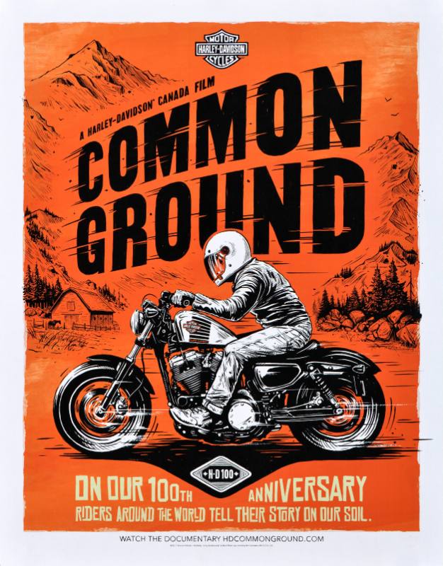 A poster of a motor cycle rider on an orange background