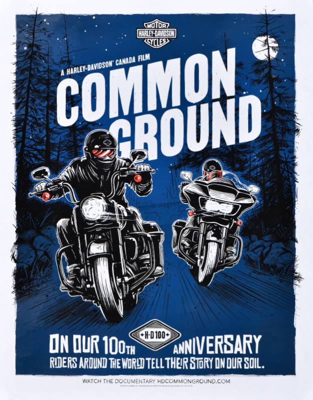 A poster of two motor cyclist on a dark blue background