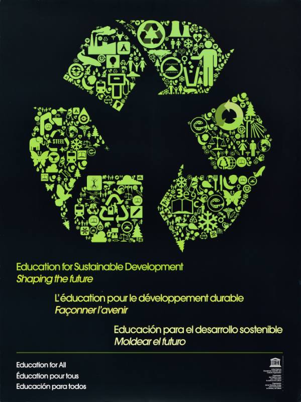 A poster of a green recycling symbol on a black background