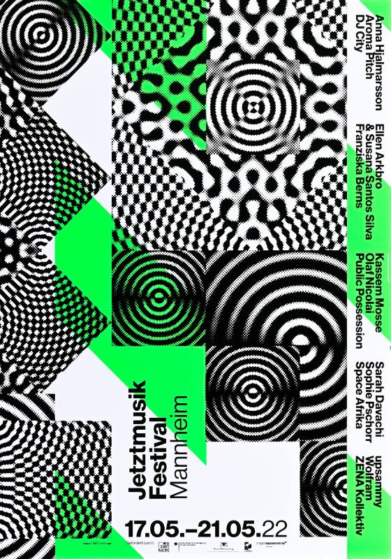 A poster with abstract geometric shapes in black and neon green on white paper